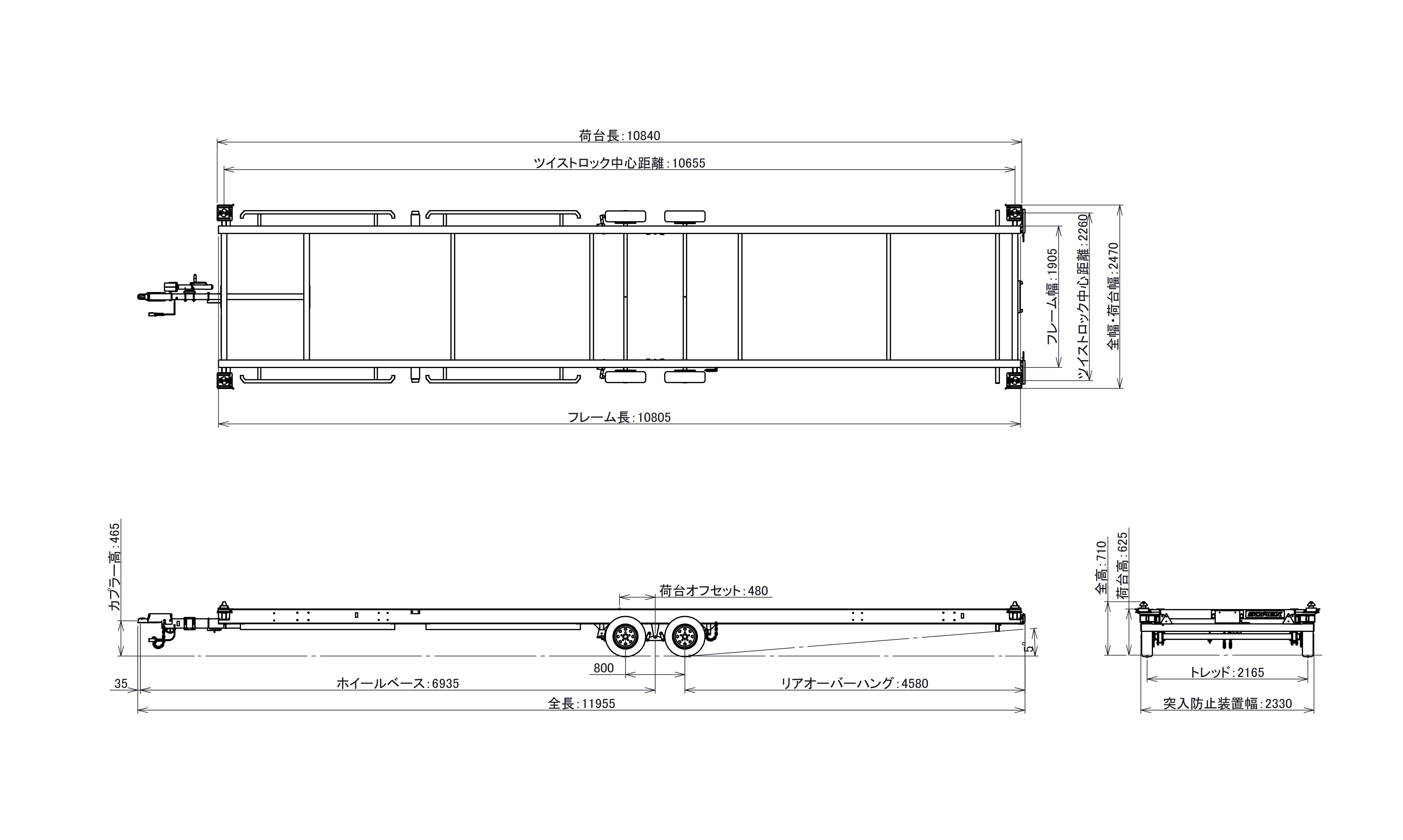 日本製トレーラーハウス専用10.8m（35ft） シャーシJAPAN CHASSISの仕様書